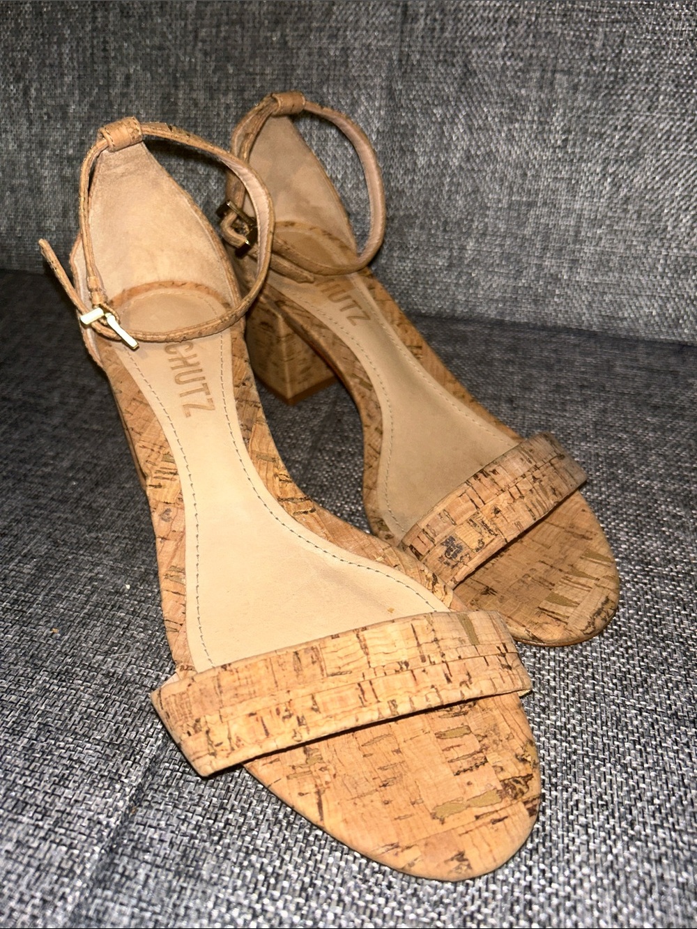 SCHUTZ Cork Ankle-Strap Block Heel Sandals in Tan